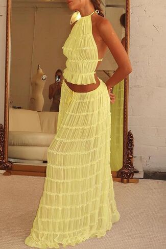 Womens 2 Piece Maxi Skirt Set Lace Up Sleeveless Tank Top and Flowy Long Skirt 2024 Summer Beach Outfits in Saudi Arabia