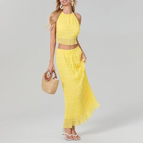 Womens 2 Piece Maxi Skirt Set Lace Up Sleeveless Tank Top and Flowy Long Skirt 2024 Summer Beach Outfits in Saudi Arabia