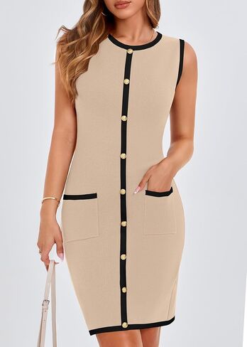 KIRUNDO Women's Semi Formal Business Casual Dress 2025 Summer Elegant Knit Slim Fit Color Block Button Work Office Dresses in Kuwait