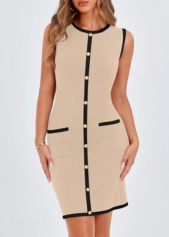 KIRUNDO Women's Semi Formal Business Casual Dress 2025 Summer Elegant Knit Slim Fit Color Block Button Work Office Dresses in Kuwait