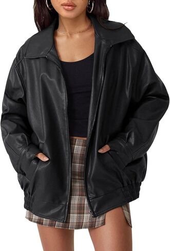 hathne Women's Oversized Leather Jackets Faux Zip Up Fall Fashion Motorcycle Jackets Coats Winter Clothes in Saudi Arabia