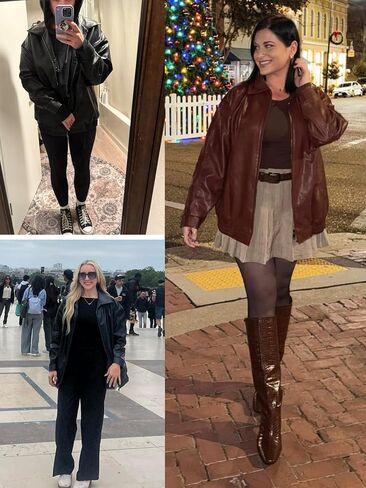 hathne Women's Oversized Leather Jackets Faux Zip Up Fall Fashion Motorcycle Jackets Coats Winter Clothes in Saudi Arabia