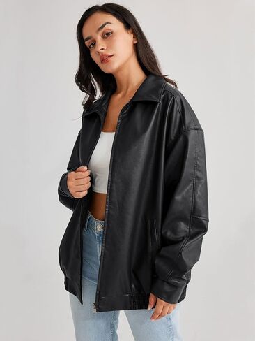hathne Women's Oversized Leather Jackets Faux Zip Up Fall Fashion Motorcycle Jackets Coats Winter Clothes in Saudi Arabia