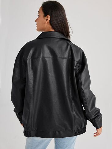 hathne Women's Oversized Leather Jackets Faux Zip Up Fall Fashion Motorcycle Jackets Coats Winter Clothes in Saudi Arabia