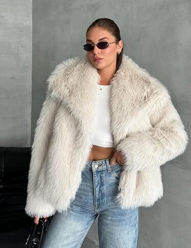 COZYPOIN Womens Faux Fur Jacket Fluffy Fur Cropped Coat Long Sleeve Open Front Fur Cape in Kuwait