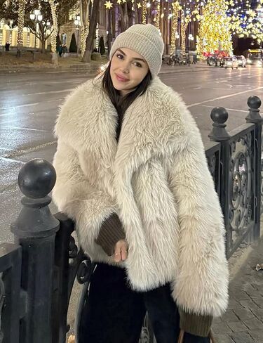 COZYPOIN Womens Faux Fur Jacket Fluffy Fur Cropped Coat Long Sleeve Open Front Fur Cape in Kuwait