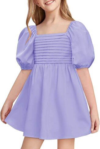 Haloumoning Girls Summer Dress Kids Square Neck Puff Sleeve A-Line Smocked Mini Dresses 5-14 Years in Saudi Arabia