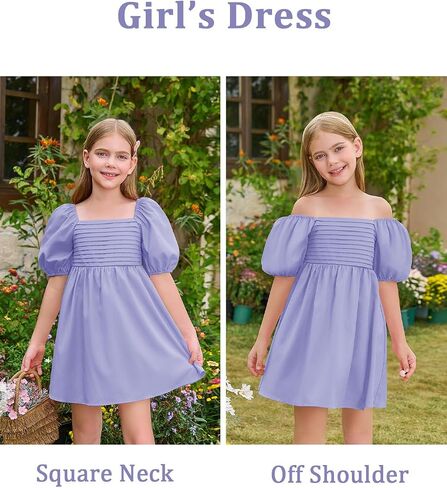 Haloumoning Girls Summer Dress Kids Square Neck Puff Sleeve A-Line Smocked Mini Dresses 5-14 Years in Saudi Arabia