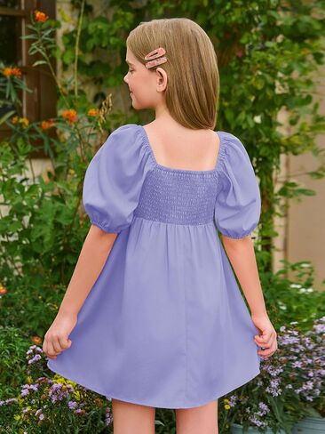 Haloumoning Girls Summer Dress Kids Square Neck Puff Sleeve A-Line Smocked Mini Dresses 5-14 Years in Saudi Arabia