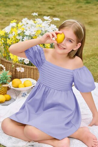 Haloumoning Girls Summer Dress Kids Square Neck Puff Sleeve A-Line Smocked Mini Dresses 5-14 Years in Saudi Arabia