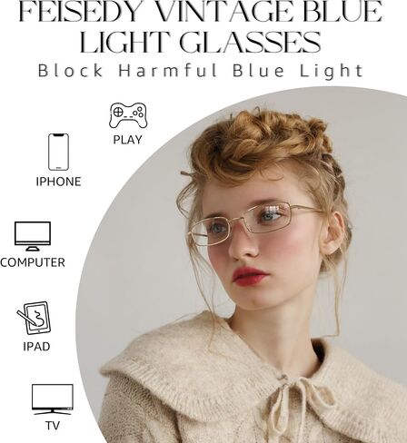 FEISEDY Vintage Blue Light Glasses for Women Metal Y2K Rectangle Glasses Gold Silver Fake Nerd Eyewear Frame B0271 in Saudi Arabia