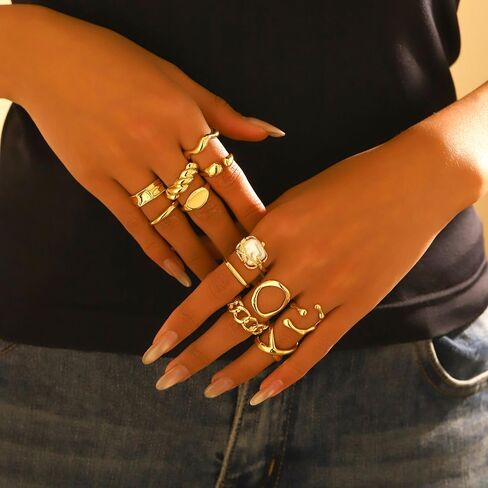 Chunky Gold Stackable Rings Set for Women,Vintage Knuckle Rings Dainty Hollow Carved Joint Finger Midi Rings Pack Adjustable Signet Rings Jewelry Mixed Size in Kuwait
