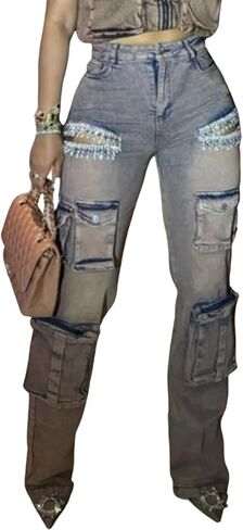 Unybwonn Women Rhinestone Cargo Jeans High Waisted Baggy Sexy Sparkly Cut Out Ripped Distressed Stretchy Denim Pants in Kuwait