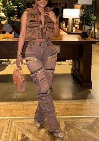 Unybwonn Women Rhinestone Cargo Jeans High Waisted Baggy Sexy Sparkly Cut Out Ripped Distressed Stretchy Denim Pants in Kuwait