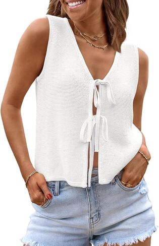 LILLUSORY Womens Crochet Tops Summer Vacation Outfits Beach Fashion 2025 Cute Casual Clothes Spring Tie Front Sweater Vest in Saudi Arabia
