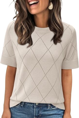 Lillusory Womens متماسكة مجوفة سترة الصيف خفيفة الوزن مصنوعة من الصوف مزيج الصوف قصير الأكمام in Kuwait