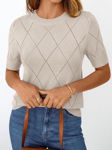 Lillusory Womens متماسكة مجوفة سترة الصيف خفيفة الوزن مصنوعة من الصوف مزيج الصوف قصير الأكمام in Kuwait