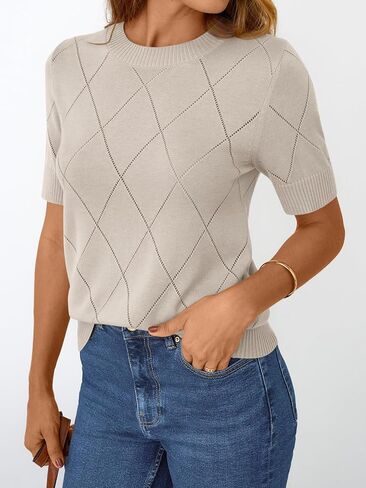 Lillusory Womens متماسكة مجوفة سترة الصيف خفيفة الوزن مصنوعة من الصوف مزيج الصوف قصير الأكمام in Kuwait