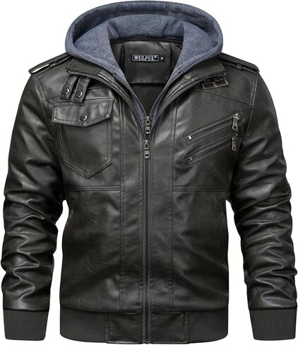 WULFUL Men's Leather Jackets, Faux Leather Jacket for Men Lapel Zip-Up Slim Fit Coat in Kuwait