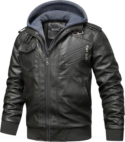 WULFUL Men's Leather Jackets, Faux Leather Jacket for Men Lapel Zip-Up Slim Fit Coat in Kuwait