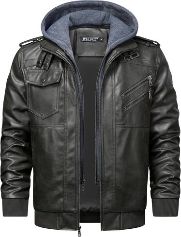 WULFUL Men's Leather Jackets, Faux Leather Jacket for Men Lapel Zip-Up Slim Fit Coat in Kuwait