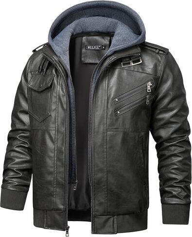 WULFUL Men's Leather Jackets, Faux Leather Jacket for Men Lapel Zip-Up Slim Fit Coat in Kuwait