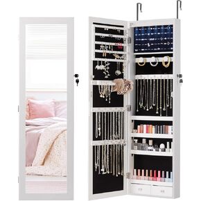 DUMOS 6 LEDs Mirror Jewelry Cabinet, Wall or Door Mounted Jewelry Organizer, 47.2-Inch Tall Lockable Large Capacity Cosmetic Storage, Gift Idea, White