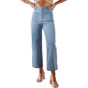 Sidefeel Women's Wide Leg Jeans High Waisted Zimbaplatinum Stretchy Straight Leg Jeans Buttoned Loose Denim Pants with Pocket