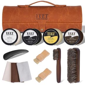 YUET 13PC Shoe Polish Care Kit Leather Boot Shine Set w/Travel Case, Brush, Cloth, Shoehorn, Brown Black Neutral Polish