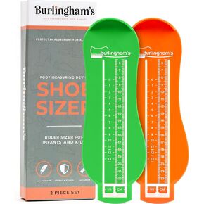 أجهزة قياس حجم أحذية Burlingham للأطفال - مجموعة أجهزة قياس القدم دقيقة وسهلة الاستخدام - لا تطلب أبدًا أحذية الحجم الخاطئ مرة أخرى مع هذا الحذاء الأخضر والبرتقالي