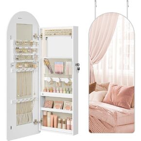 SONGMICS Wide Jewelry Organizer, LED Jewelry Cabinet Wall/Door Mounted, Arched Mirror with Storage, Lockable, Rounded Corner, Interior Mirror, 3.9 x 16.5 x 42.5 Inches, Cloud White UJJC020W01