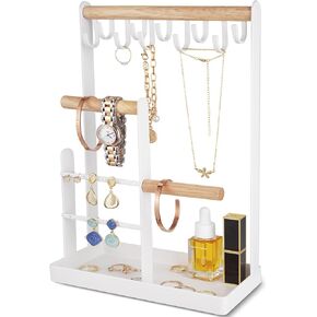 ProCase Jewelry Organizer Stand Necklace Holder, 4-Tier Tower Rack with Earring Tray, 10 Hooks Necklaces Hanging Small Jewelry Display Storage Tree for Bracelets Rings Watches -White