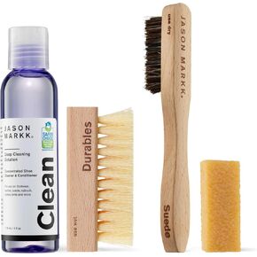 Jason Markk Essential & Suede Kit, Shoe Cleaner, 4-Piece Set, Deep Cleaning Solution, Two Brush, & Stain Eraser, Sneaker Care, Ideal for Footwear, Safe for Leather, Suede, Nubuck, Cotton, Knits, 4oz