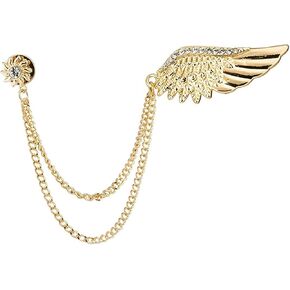 A N KINGPiiN Golden Stone Studded Wing Brooch with Hanging Chain for Men, Brooch Suit Stud, Shirt Studs Men's Accessories
