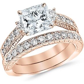 14K White Gold 2 Carat LAB GROWN DIAMOND Three Stone Vintage With Milgrain & Filigree Bridal Set with Wedding Band & Princess Cut Diamond Engagement Ring (G-H Color VS2-SI1 Clarity 1 Ct Center)