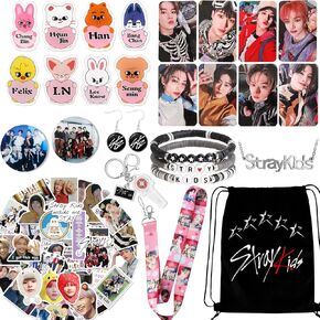 Stray Kids Set for Fans including 50 Stickers, 8 Cartoon Badges, 8 Photocards, 3 Design Bracelet, Necklace, Earrings, Keychain, Lanyards, SKZ's Gift Merchandise