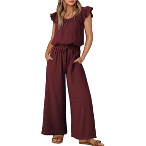 Dokotoo Jumpsuits for Women 2025 Summer Ruffle Sleeves Square Neck Rompers Drawstring Overalls with Pockets