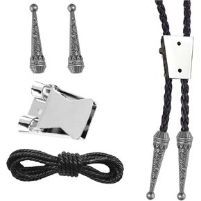 NIIIYTYB 4PCS Bolo Tie Kit Leather Rope with Silver Clasp Supplies Braided Cord Chain and Pendants for Men Western Style Buckle Tips Brown Paracord Accessories for Ties and Pendants