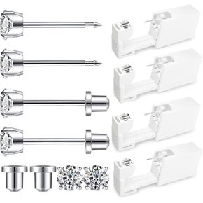 Ear Piercing Kit | Disposable Ear Piercing Gun Kit Made in 316L Surgical Stainless Steel with 4mm - 4prong Cubic Zirconia | At Home Self Ear Piercer Kit with Earrings Stud | 4 Pack