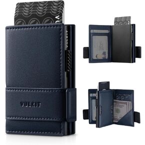 VULKIT Card Holder Bifold Pop Up Leather Wallet for Men RFID Blocking Metal Card Case, Holds 9 Cards and Banknotes Navy