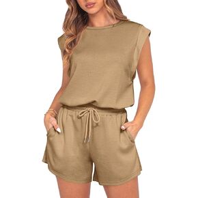 GRECERELLE Rompers For Women 2025 Summer Cap Sleeve Adjustable Drawstring Waistband Cozy Lounge Short Jumpsuit With Pocket