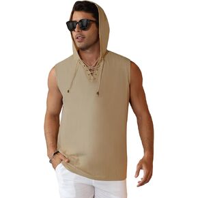 Men's Linen Tank Tops Sleeveless Shirts Lace Up Beach Summer Yoga Top Hippie Renaissance Pirate Tunic with Hood