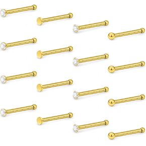 Hoeudjo Nose Studs Surgical Steel Cubic Zirconia Nose Rings Kit for Women Men Tiny Nose Stud Screw & Bone & L Shaped Nostril Rings Piercing Jewelry 22 Gauge 16 Pieces