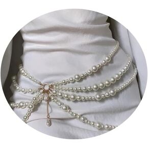 Multi Layered Long Metal Big Pearl Waist Chain Belt Trendy Pearl Waistband White Pearl Tassel Hip Belly Body Chain Festival Rave Waist Belt Sweater Dress Pearl Belt for Women (Silver)