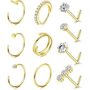 BESTEEL 14K Gold Filled Nose Ring Studs 20G Nose Rings Hoops Stud 316L Stainless Steel Nose Rings Round CZ Heart Simulated Diamond L Shaped Nose Stud Hypoallergenic Nostril Piercing Jewelry for Women Men 10Pcs