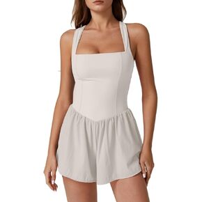 QINSEN Women's Square Neck Sleeveless Romper Jumpsuit Casual Summer One Piece Outfit with Pocket