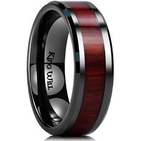 King Will Nature Men's Wooden Wedding Band, 7-8mm Black Mens Ceramic Wedding Ring with Polished Finish Brown Wood Inlay Comfort Fit Size 7-14