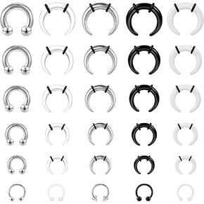 One 30pcs الحاجز الحاجز Pincher Tapers 16g-6g أكريليك الفولاذ المقاوم للصدأ الحاجز الطقم طقم ملولبة داخليا الحدوة الحصان الحاجز الحاجز الأذن طقم الأنف للنساء الرجال