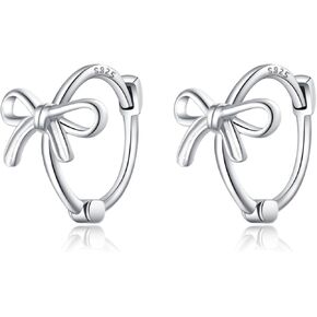 Reffeer Solid 925 Sterling Silver Bow Hoop Earrings Ribbon for Women Teens Bowknot Hoop Earrings Huggie