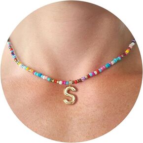 VRIUA Colorful Initial Necklaces for Women – Bubble Necklace Handmade Beaded Necklace Dainty Cute Beach Boho Necklaces for Women Trendy Jewelry Choker Necklace